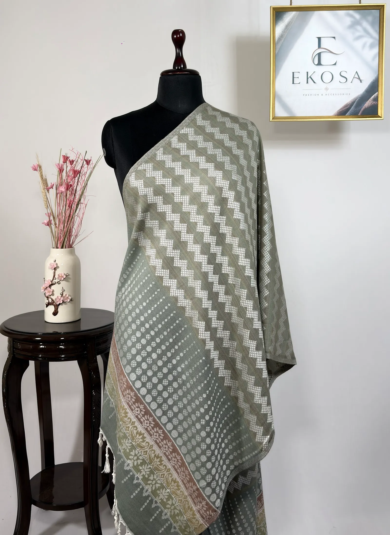 Zari Pattern Stole in Grey, image 1 of 4