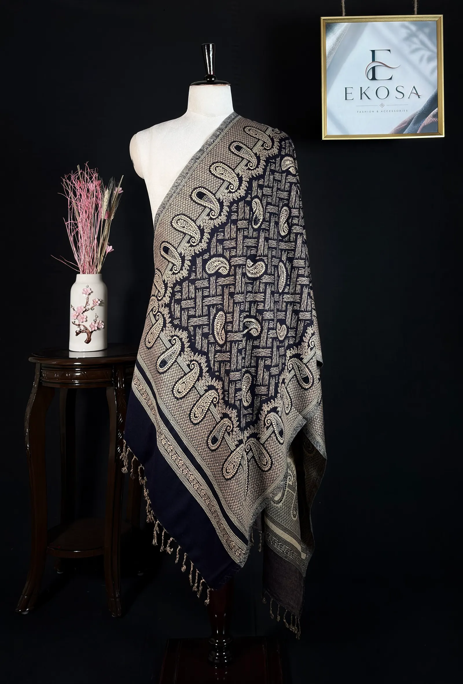 Paisley Border Stole in Navy Blue, image 1 of 3