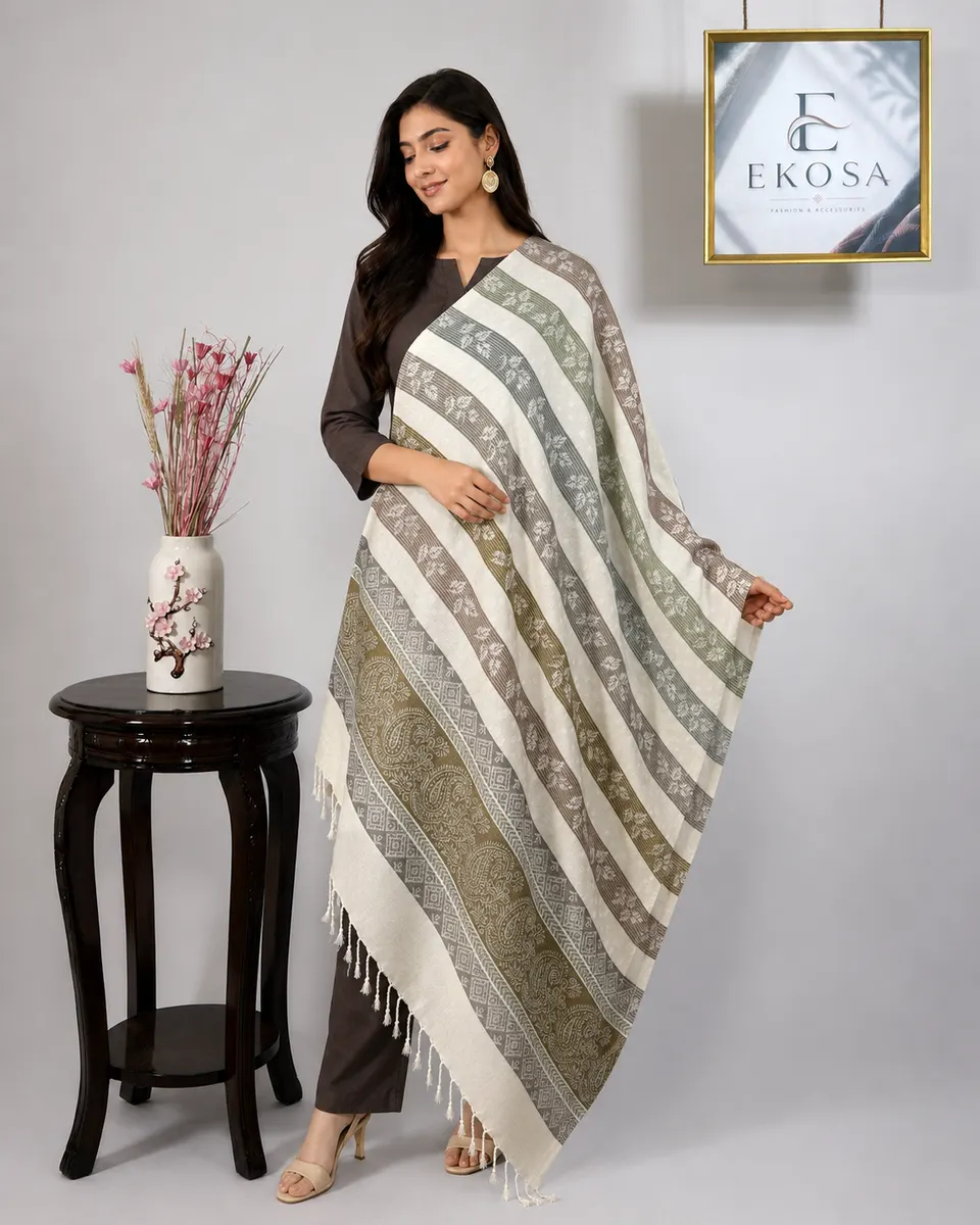 Zari Leaf Stole in Off White, image 1 of 4