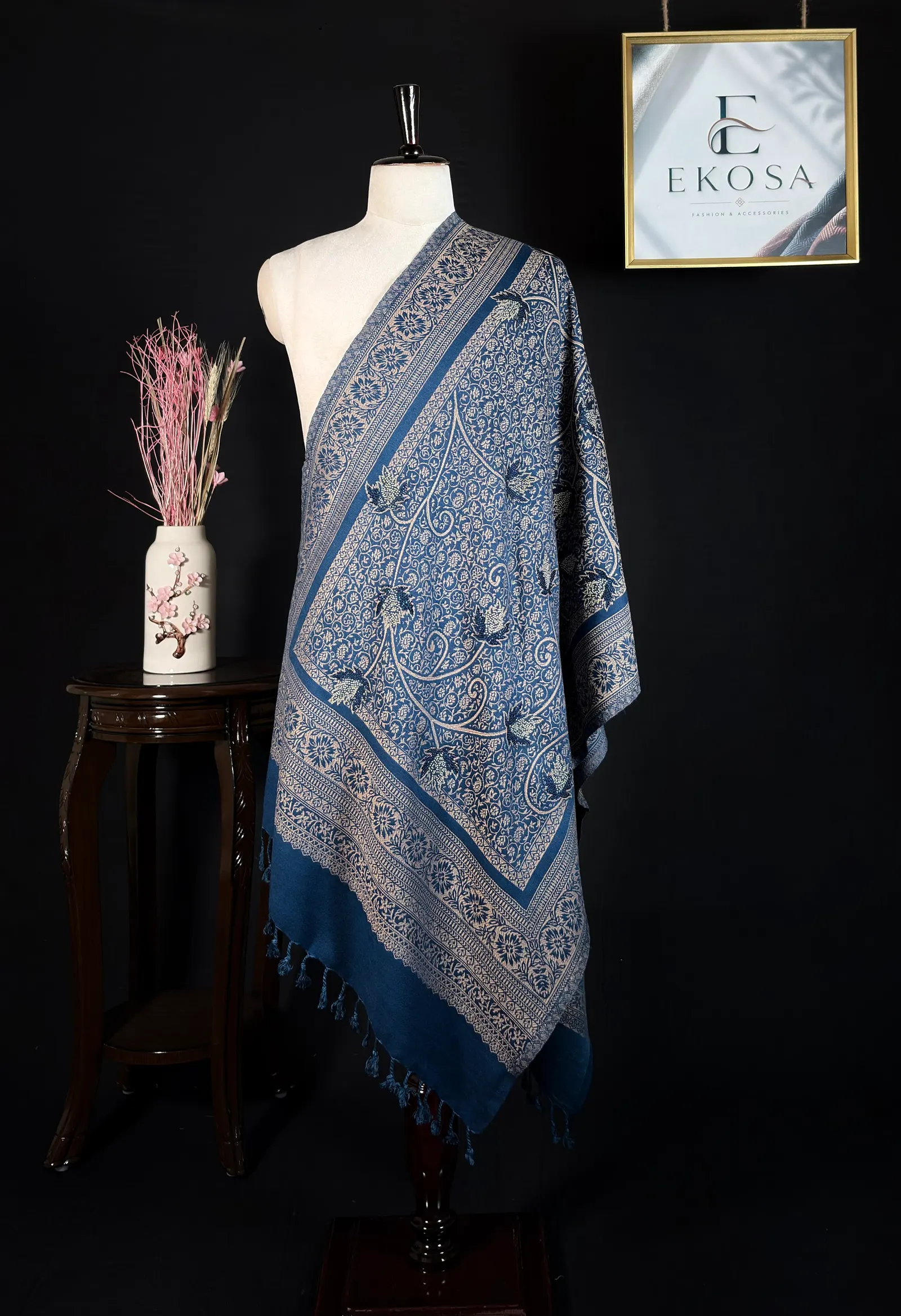 Swarovski Floral Stole in Navy Blue, image 1 of 3