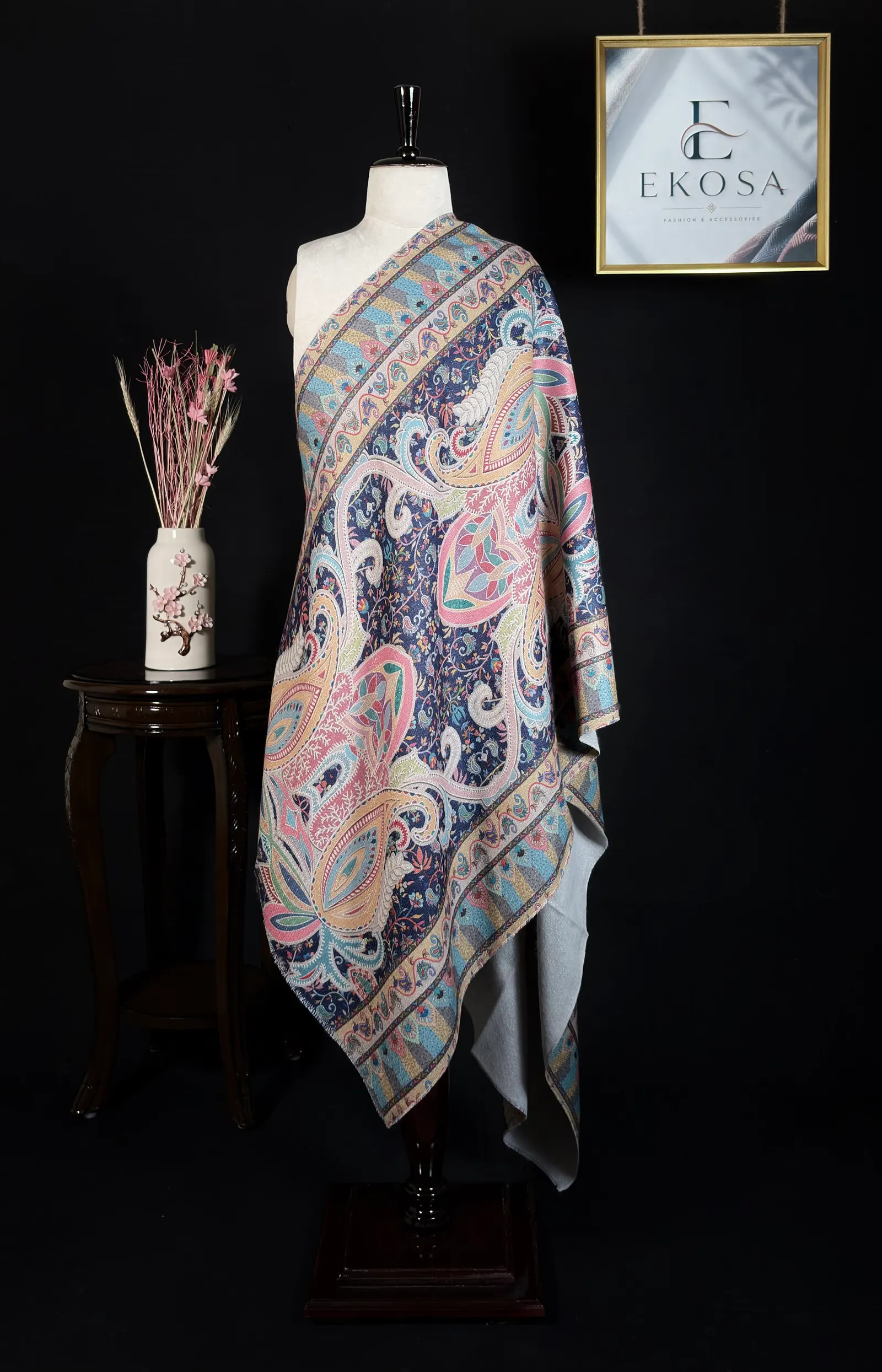 Kani Print Stole in Navy Blue, image 1 of 3