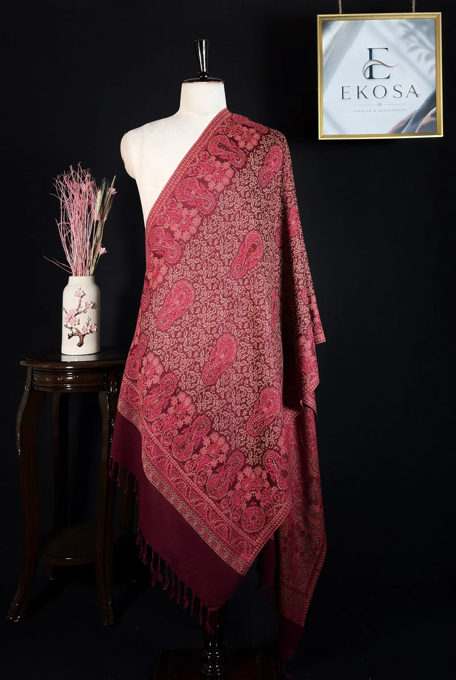 Ornate Floral Stole in Maroon, image 1 of 3