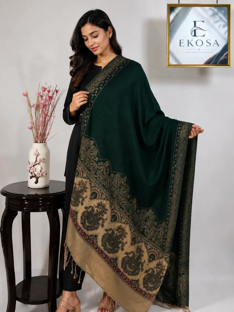 Floral Border Stole in Dark Green, image 1 of 4