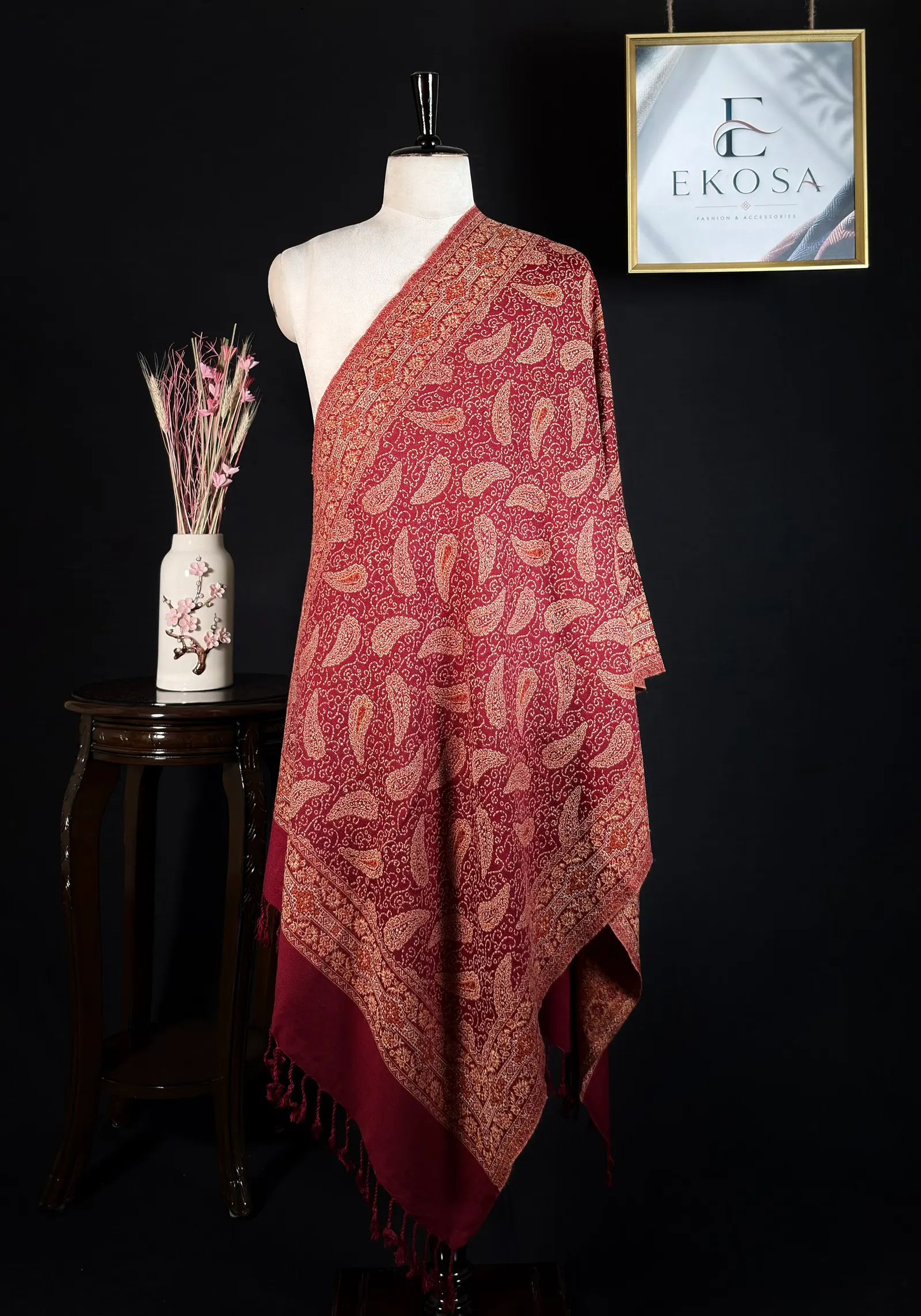 Floral Motif Stole in Maroon, image 1 of 2