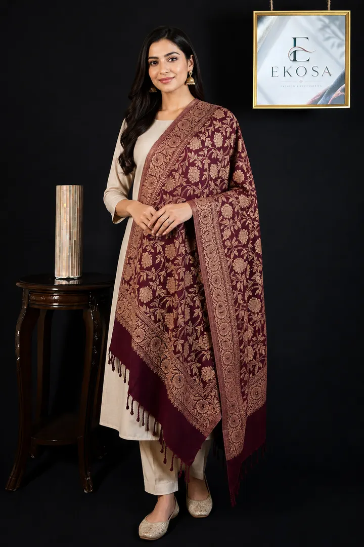 Flower Design Stole — Maroon, image 1 of 3