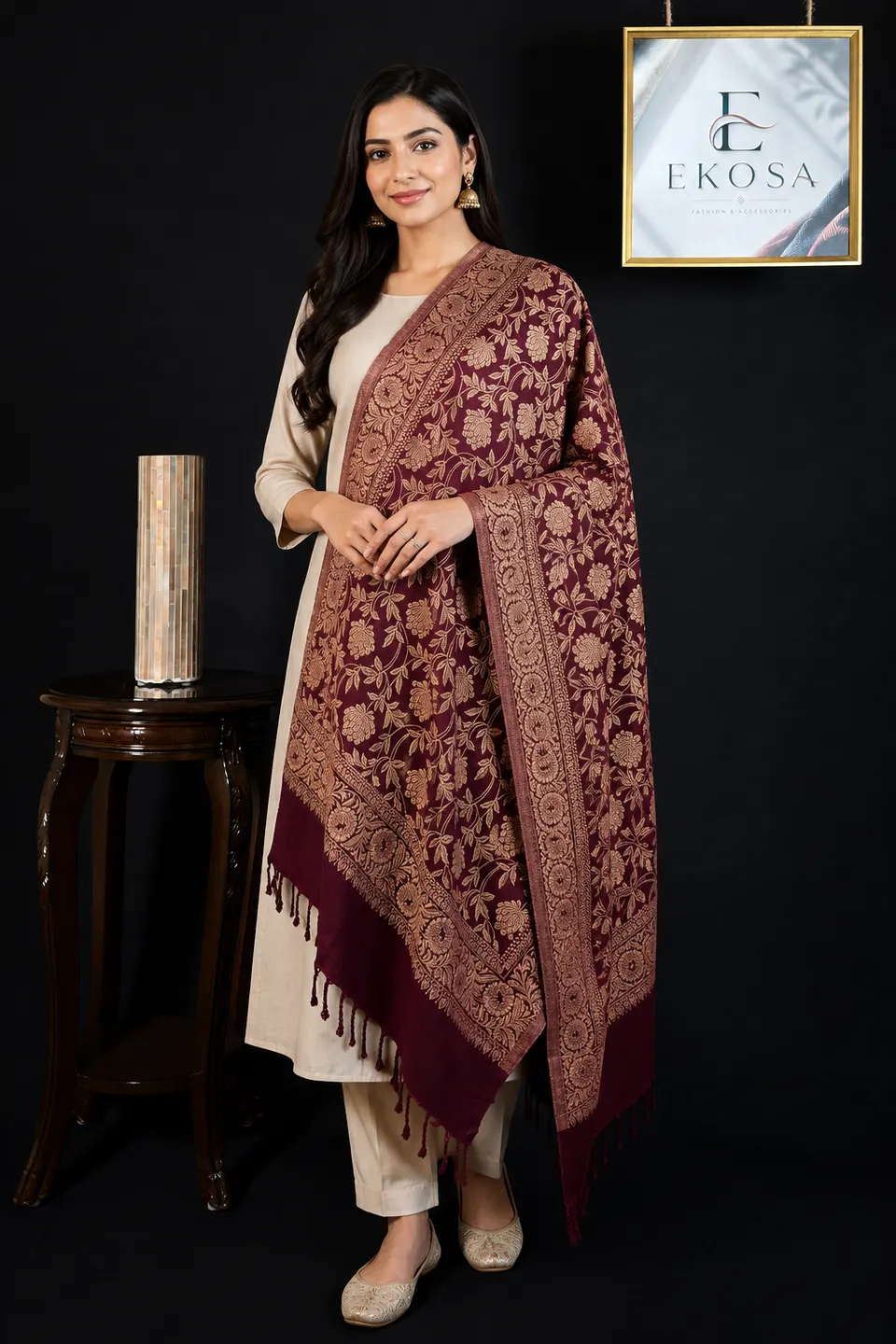 Flower Design Stole in Maroon, image 1 of 3