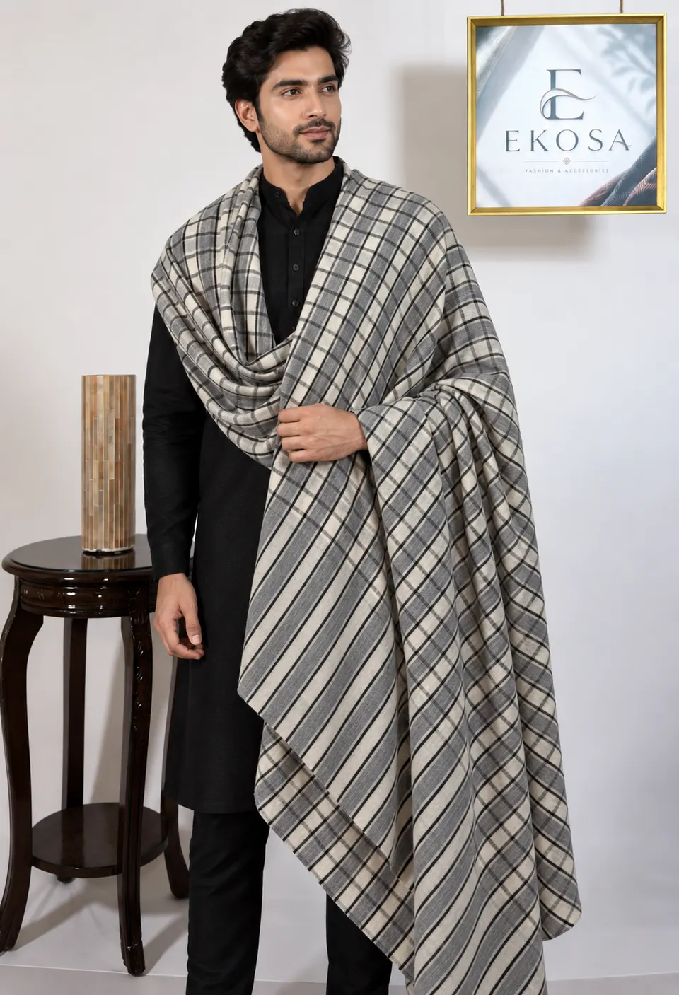 Rivan Check Shawl in Silver Grey, image 1 of 5