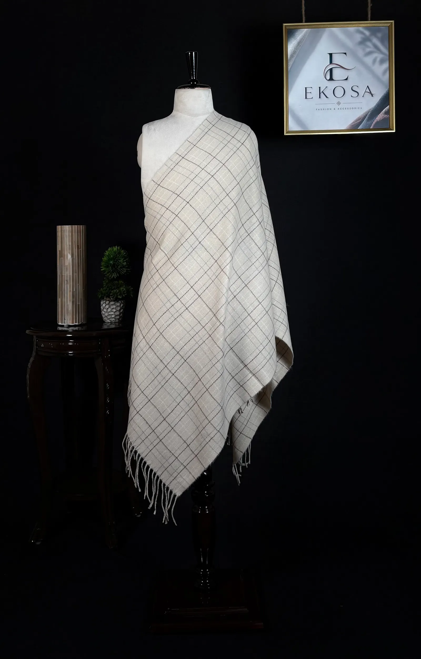 Grid Check Stole in Beige, image 1 of 4