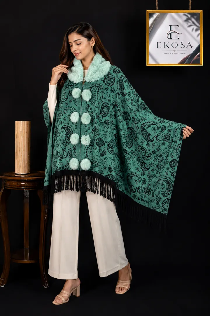 Fur Collar Poncho — Green, image 1 of 5
