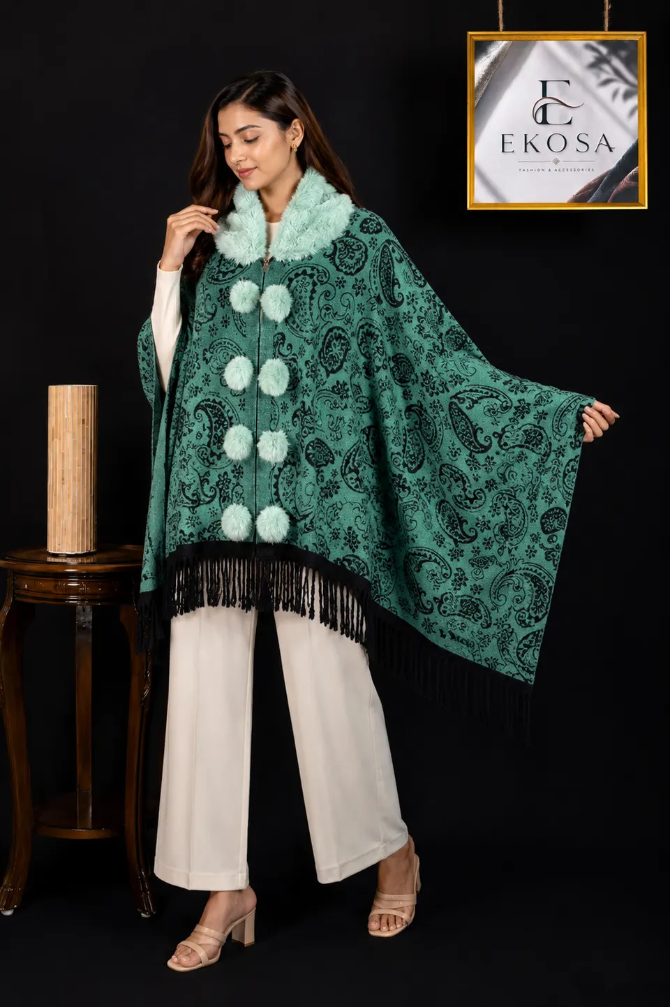 Fur Collar Poncho in Green, image 1 of 5