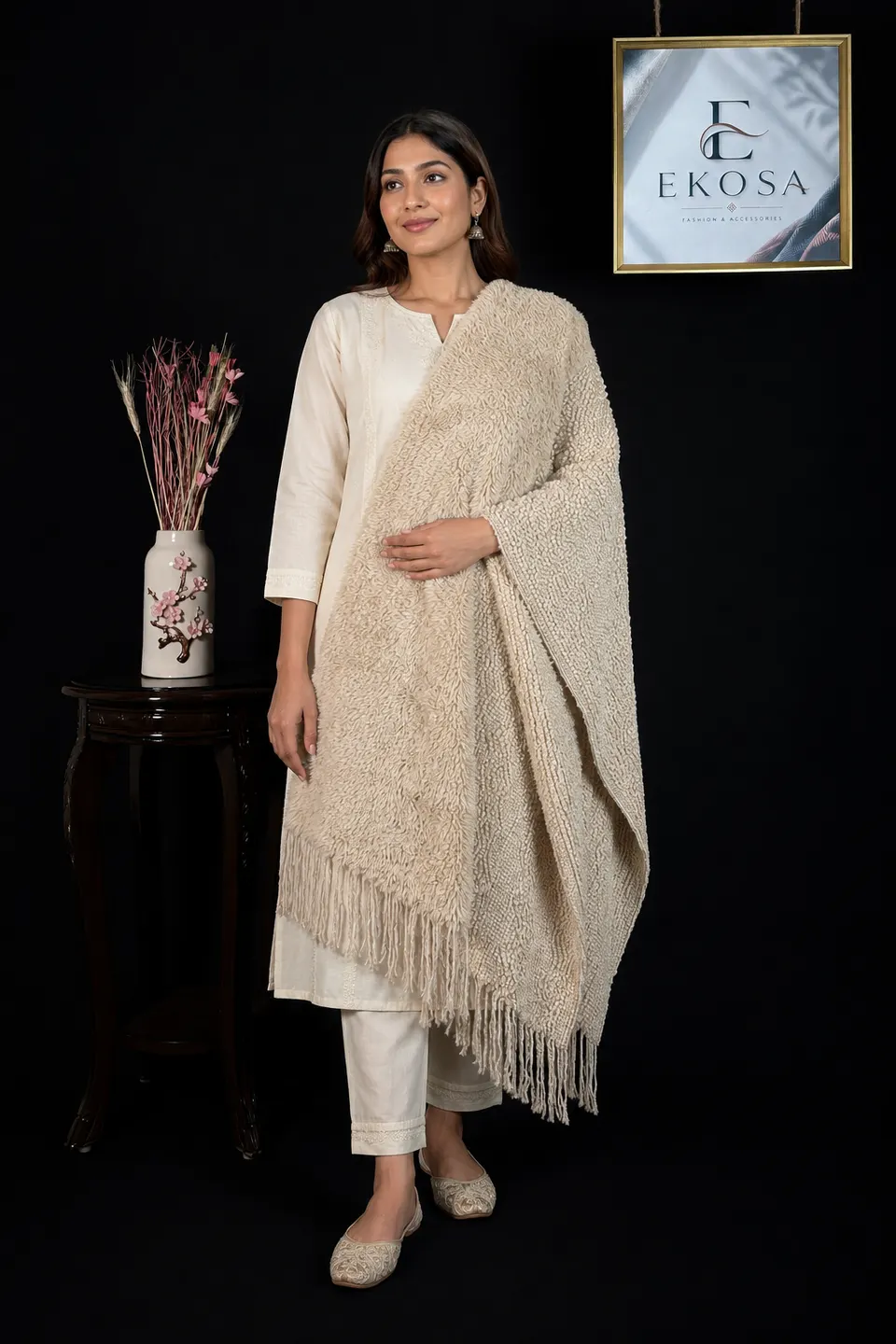 Fur Knit Stole in Beige, image 1 of 4